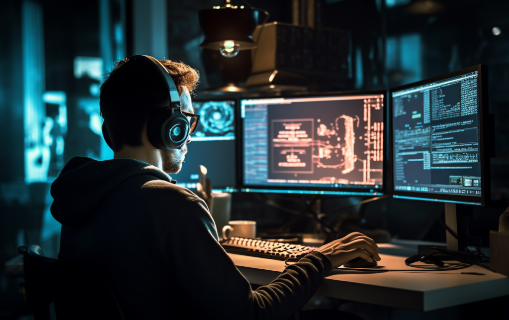 A man wearing headphones sits in front of a computer and develops an online shops.